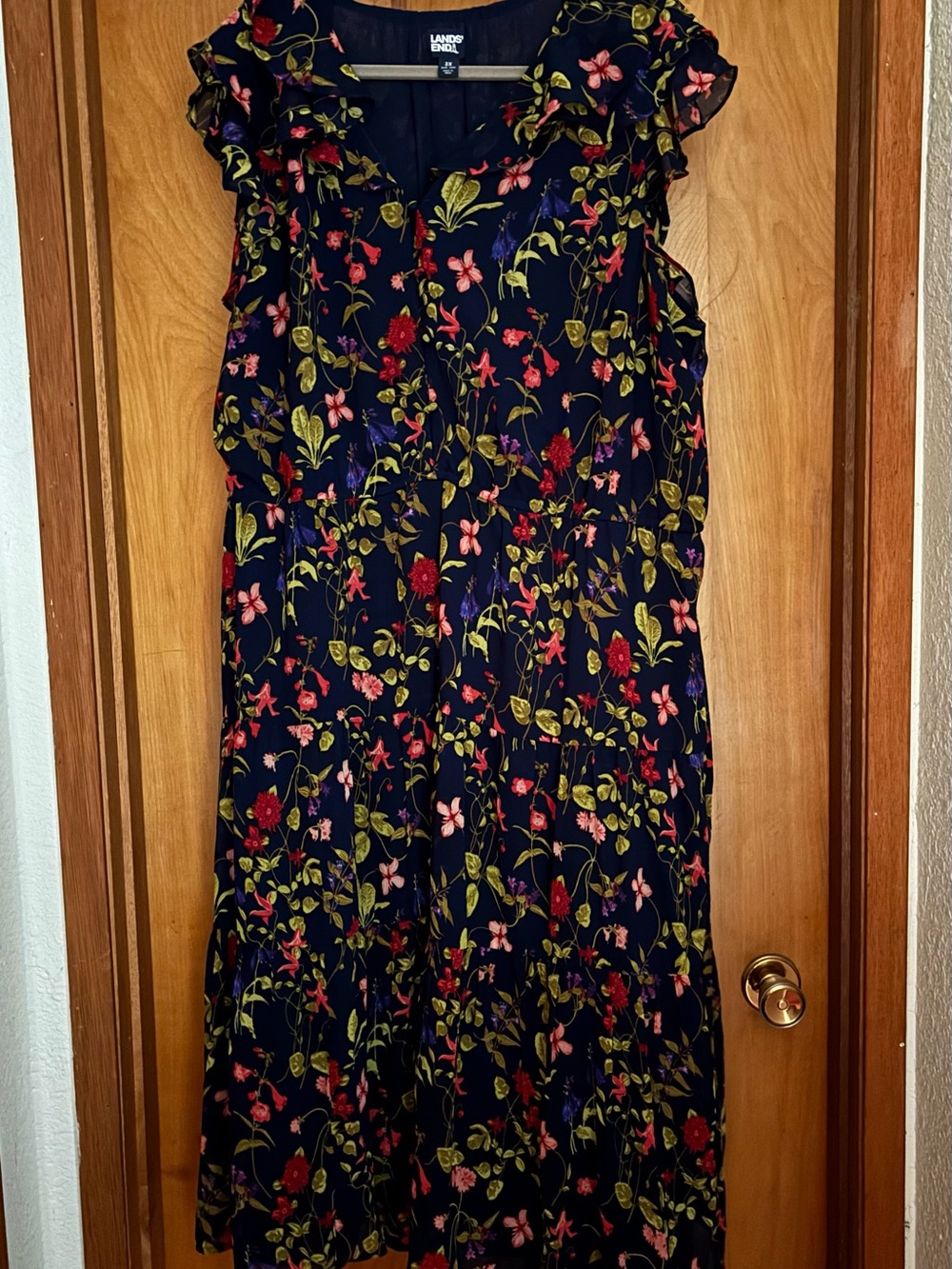 Lands' End Navy Floral Ruffle Chiffon Tiered Midi Dress
